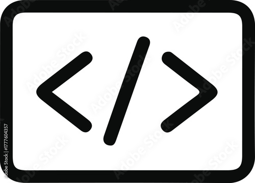 HTML coding icon for web development, Minimal black and white icon showing code brackets representing programming, website development, and software coding concepts for developers.

