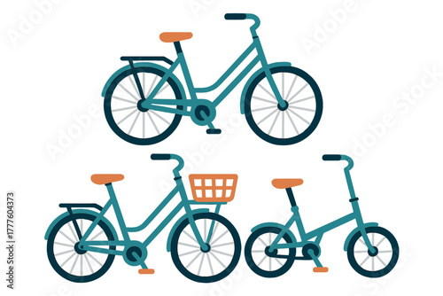 Collection of three stylized bicycles: city bike, step-through frame bike with basket, and compact folding bike