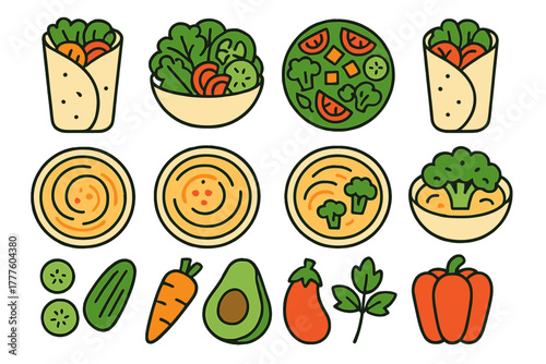 Set of healthy food items including fresh vegetables, wraps, salads, and dips for dietary concepts