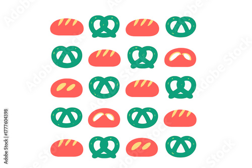 Seamless repeating pattern featuring cartoonish loaves of bread and green pretzels on a clean white background