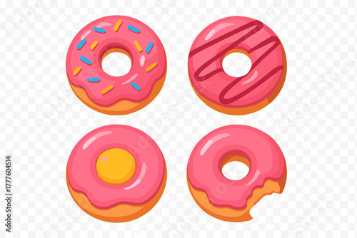 Collection of four sweet pink glazed donuts with sprinkles and frosting variations