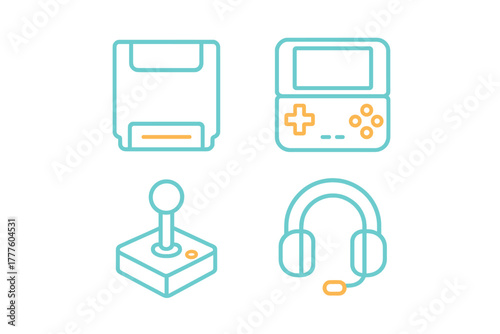 Retro video game equipment set featuring cartridge handheld console joystick and gaming headset