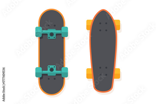 Two different types of skateboards side by side featuring colorful wheels and trucks