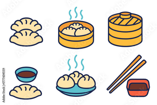 Steamed dumplings, bao buns, bamboo steamer basket, dipping sauce, and chopsticks Asian food set