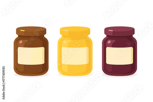 Set of three glass jars containing different colored food spreads with empty labels