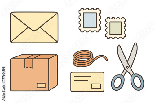 Essential items collection for mailing, shipping, and packaging: envelope, box, stamps, tape, scissors