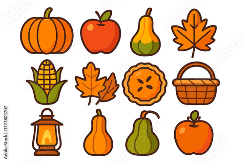 Colorful autumn harvest and Thanksgiving elements including pumpkin, apple, corn, and maple leaves