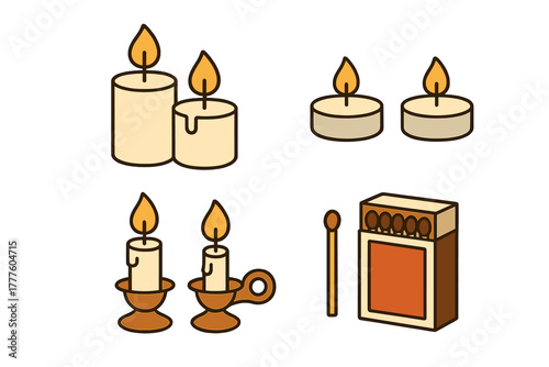 Lit candles in various shapes including pillar and tealight with decorative holders and a box of matches