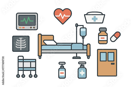 Set of essential medical equipment and patient care items for hospital stay