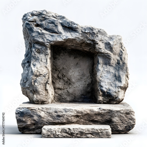 Ancient stone structure in a neutral background showcasing weathered texture and unique form