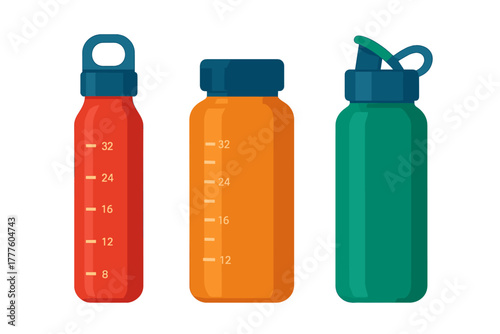 Set of three colorful reusable sports water bottles with measurement markings