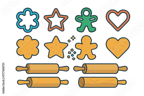 Baking tools assortment featuring cookie cutters, shaped dough, and wooden rolling pins