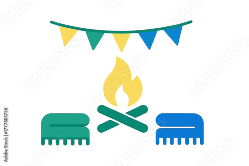 Cozy campfire scene with blankets and festive pennant flags for camping or outdoor celebration