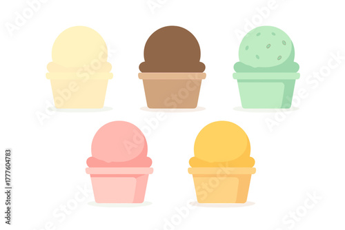 Five colorful ice cream scoops in disposable cups featuring various sweet dessert flavors