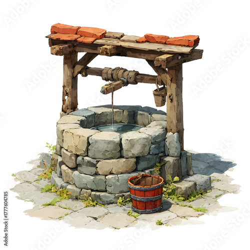Rustic stone well in a serene outdoor setting surrounded by greenery and cobblestone pavement