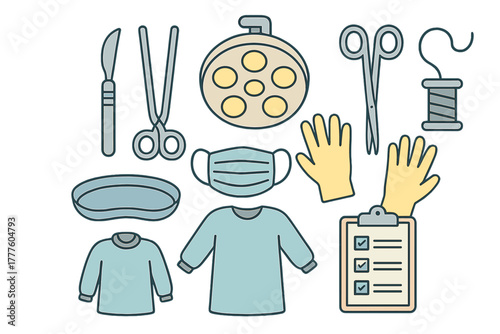 Collection of essential surgical instruments and protective medical gear for operations