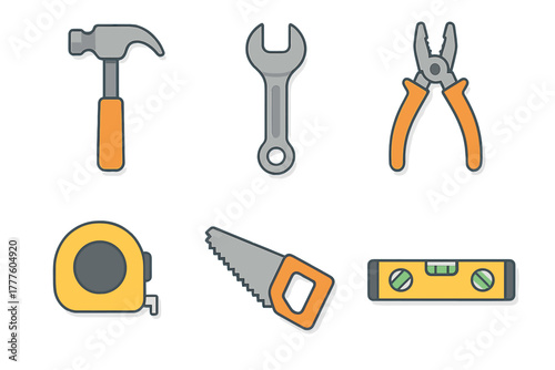Essential construction and repair hand tools including hammer wrench pliers tape measure saw and level