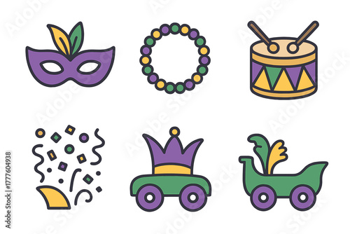 Traditional Mardi Gras festival symbols set including mask, beaded necklace, drum, confetti, and parade elements