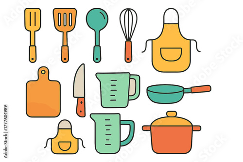 Kitchen equipment and cooking utensils collection including apron and cutting board