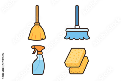 Set of essential household cleaning tools including broom mop spray bottle and sponges