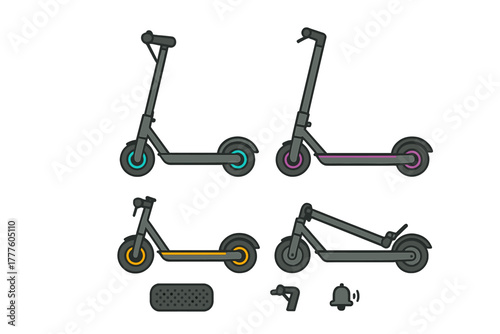 Modern electric scooters standing and folded with essential accessories for urban transport