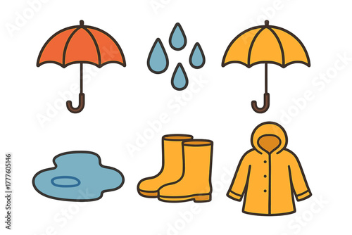 Colorful collection of rain season elements including umbrellas, raindrops, puddle, and rain boots