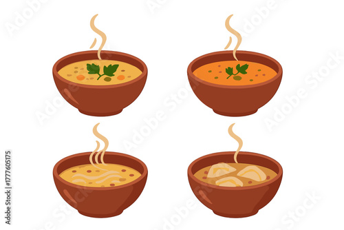 Four steaming bowls of hot soup: vegetable, cream, noodle, and dumpling