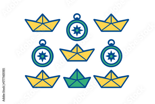 Seamless repeating pattern with stylized paper boats and nautical compass icons