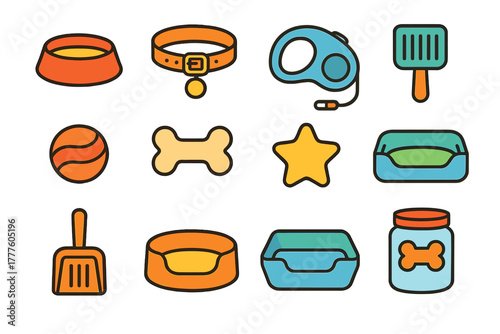 Colorful collection of essential dog accessories and pet care supplies including food bowls toys and grooming tools