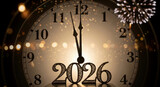 New Year's Eve countdown with a clock showing midnight, decorative numbers 2026.