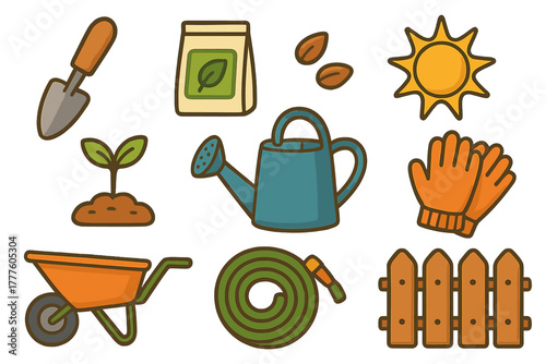 Colorful collection of gardening tools and supplies including wheelbarrow, watering can, and seeds