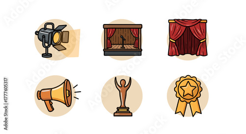 Collection of Holiday Music themed icons, including various theater icons including spotlight, stage, and trophy design