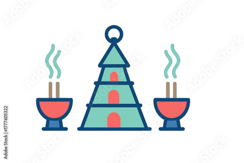 Stylized Asian pagoda structure centered between two smoking incense burners