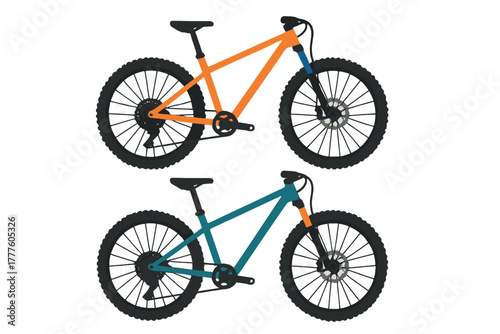 Two colorful mountain bikes with thick tires and suspension forks ready for off-road cycling adventures