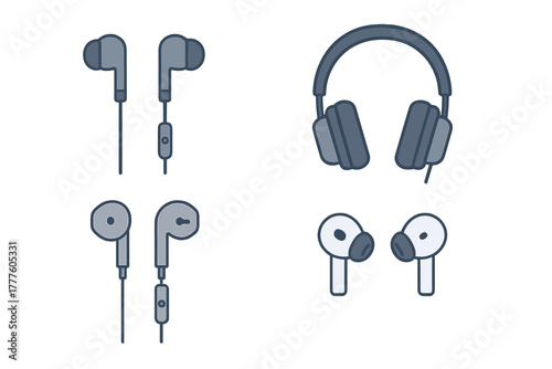Modern collection of audio devices including earbuds, headphones, and headset