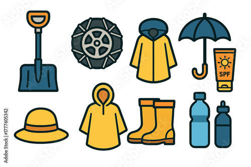Essential outdoor equipment set for seasonal weather preparation including rainwear, sun protection, and snow gear