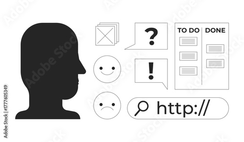 Head silhouette and digital interface ui elements 2D line objects set. Feedback, profile human, task management isolated cliparts vector ink outline items. Monochrome spot illustrations collection