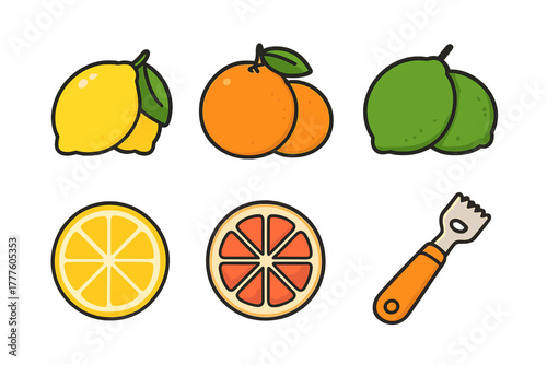 Set of colorful cartoon icons featuring whole citrus fruits, slices, and a kitchen zester tool