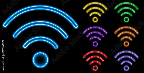 Neon wi fi signs. A set of multi-colored wi-fi signs. Icons for web design. Vector graphics