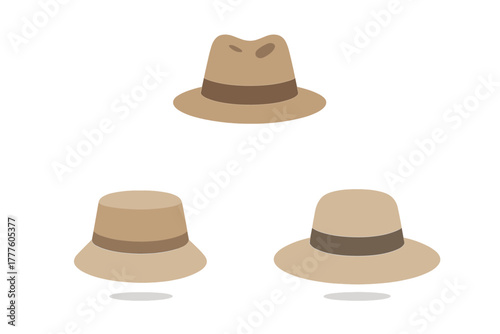 Classic collection of three beige hats: fedora, bucket hat, and wide brim sun hat