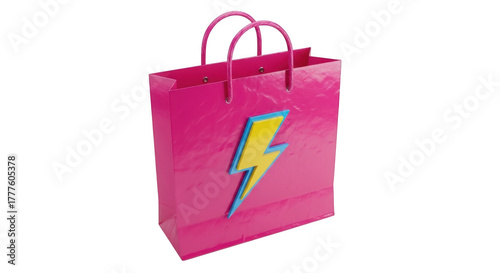 Bright pink shopping bag featuring a vibrant lightning bolt graphic for retail and gifts isolated on transparent background