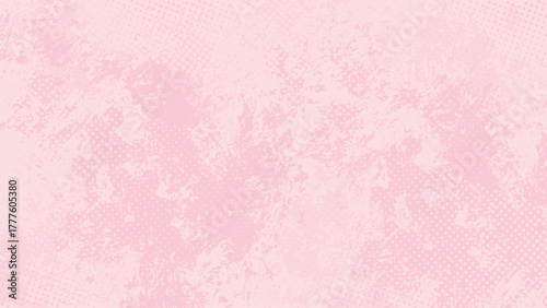 A pastel pink grunge background filled with smudges and halftone dots.