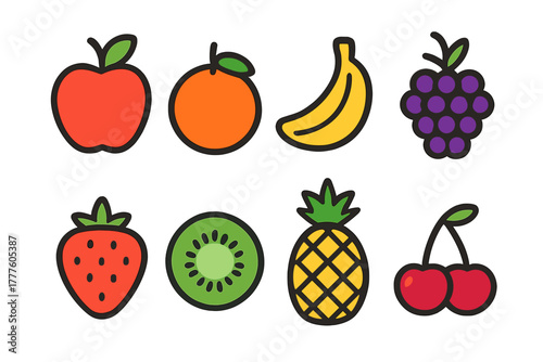Colorful set of eight different fruits including apple orange banana strawberry kiwi pineapple and cherries