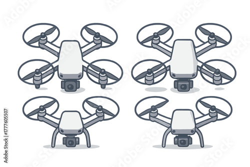 Set of four different unmanned aerial vehicles equipped with recording cameras for remote sensing