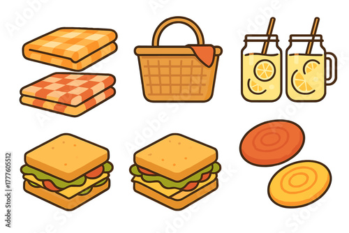 Picnic essentials collection with checkered blankets, wicker basket, sandwiches, lemonade, and flying discs