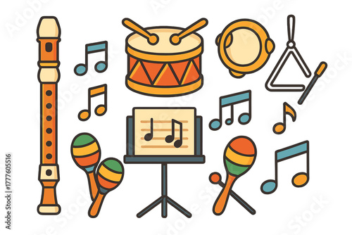 Collection of flat design icons featuring musical instruments and sound notes