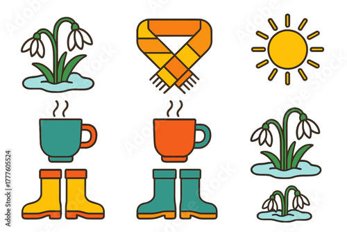 Spring elements including blooming snowdrops, rubber boots, steaming mugs, and a cozy scarf