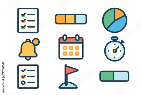 Business productivity and time tracking symbols including checklist calendar stopwatch