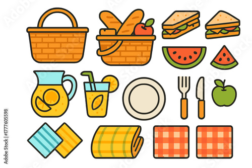 Colorful picnic set with baskets, sandwiches, fruit, drinks, and dining accessories