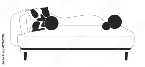 Eclectic chaise lounge with accent pillows 2D line object. Furniture cushions sofa. Cozy seating. Stylish interior furnishing isolated clipart vector ink outline item. Monochrome spot illustration